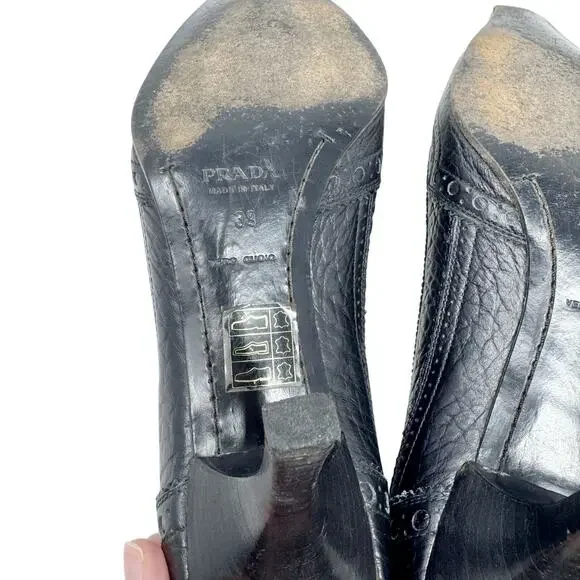 Vintage Prada Brogue Kitten Heel Pumps Black Leather Square Toe Size 39 - Picture 8 of 10